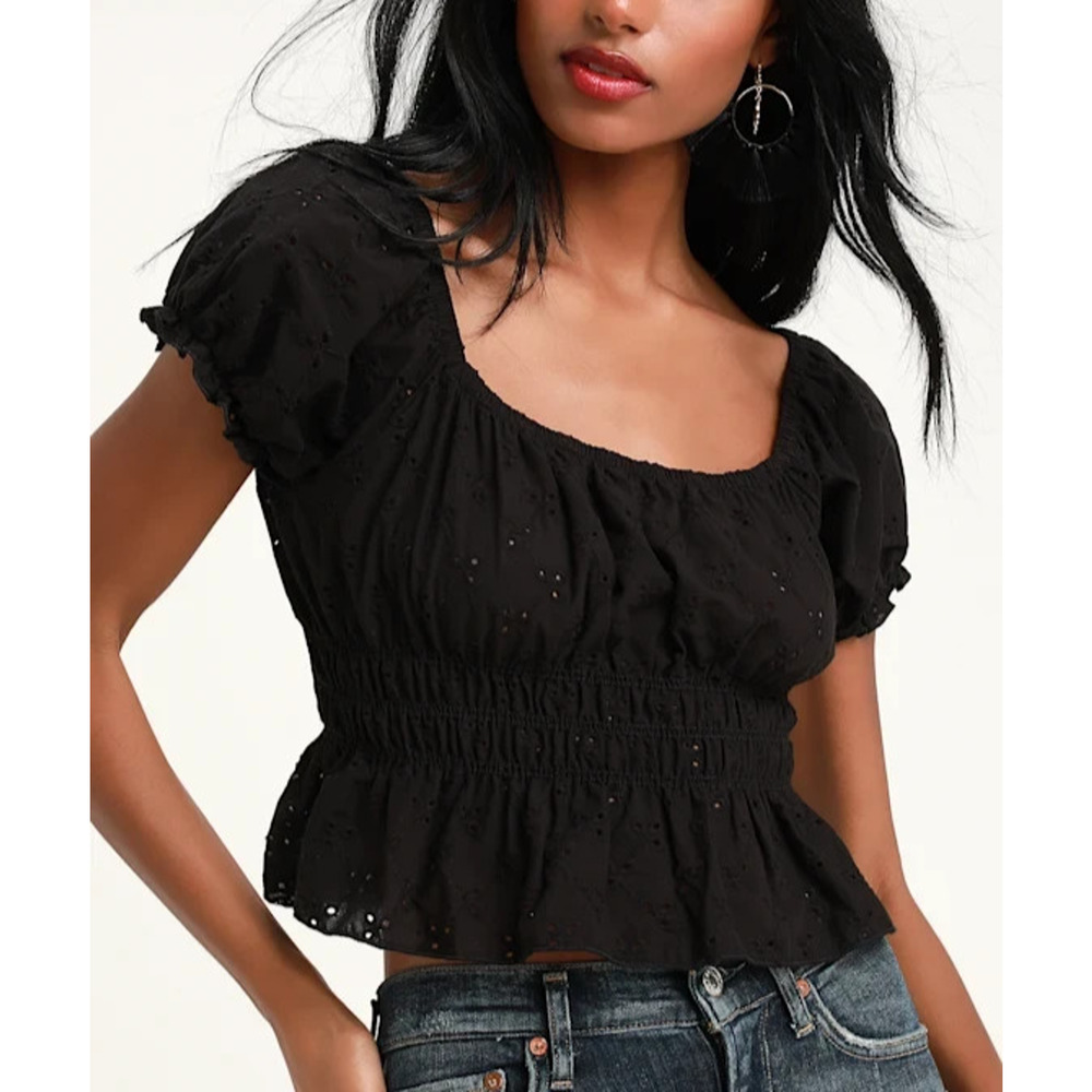 Lulus Potent Polly Black Puff Sleeve Y2K Crop Top Black Large A005814